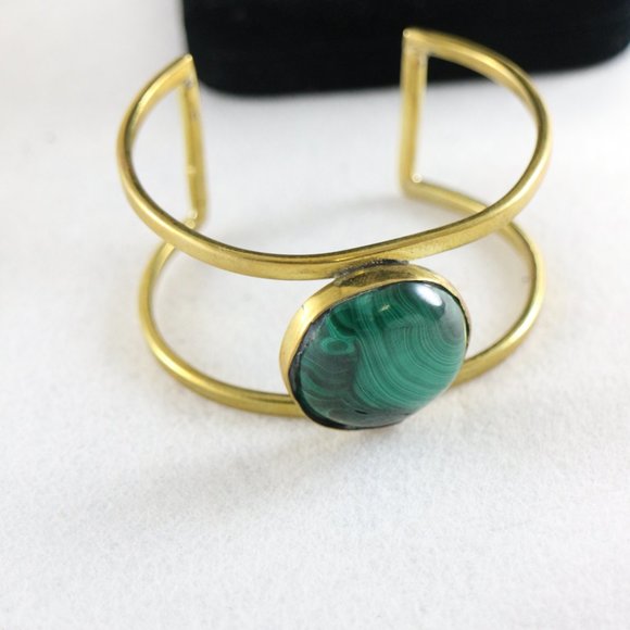 Vintage Style Handmade Brass and Green Polished Stone Bangle Bracelet - Picture 2 of 5